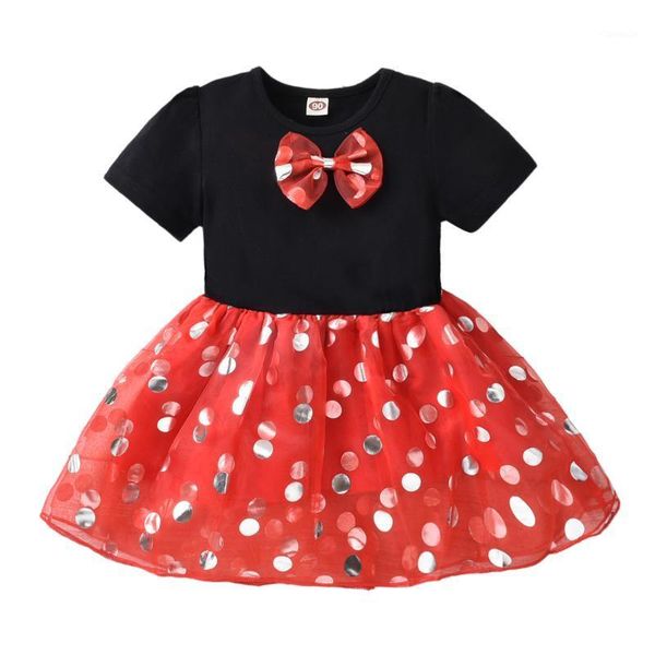 

girl's dresses lovely baby's clothes casual short sleeve dress fashion bow dot mesh yarn stitching a-line mid-length children&#039, Red;yellow