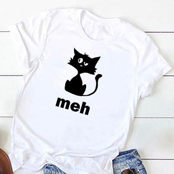 

women's t-shirt funny meh black cat gift for lovers graphic t shirts, White