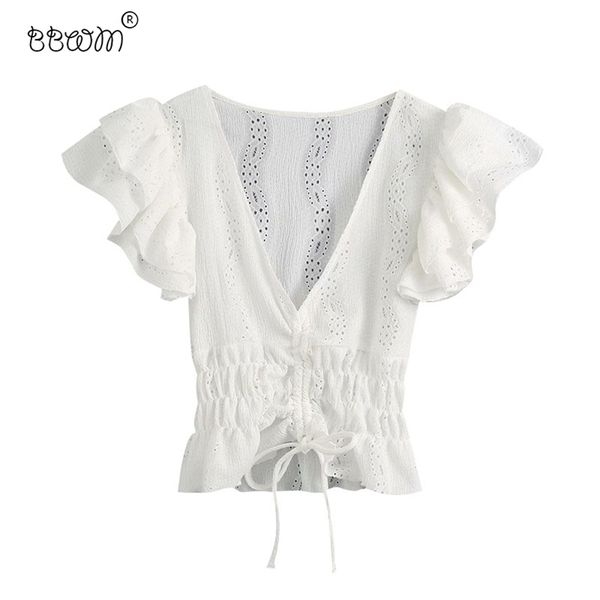 

women sweet fashion ruffles tie drawstrings short blouses vintage v neck ruffled sleeves shirts casual chic 210531, White