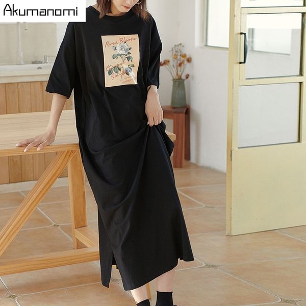 

cotton plus size 7xl 6xl 5xl 4 xxxl black maxi t shirt dress women summer party vintage straight casual double slit dresses 210303, Black;gray