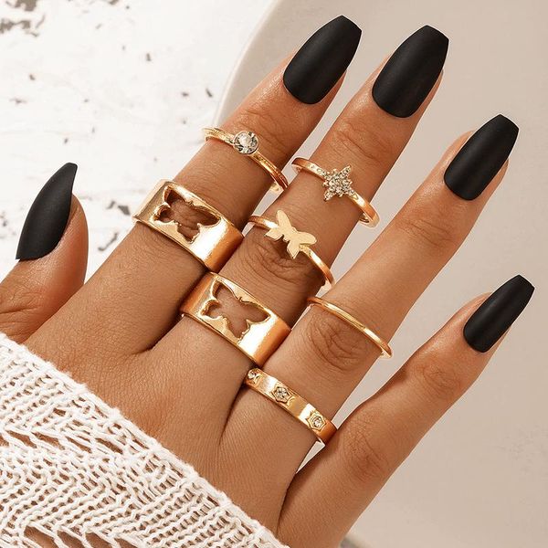 

wedding rings 7pcs/set luxury crystal star colorful for women bohemian butterfly geometry hollow ring set 2021 style jewelry, Slivery;golden