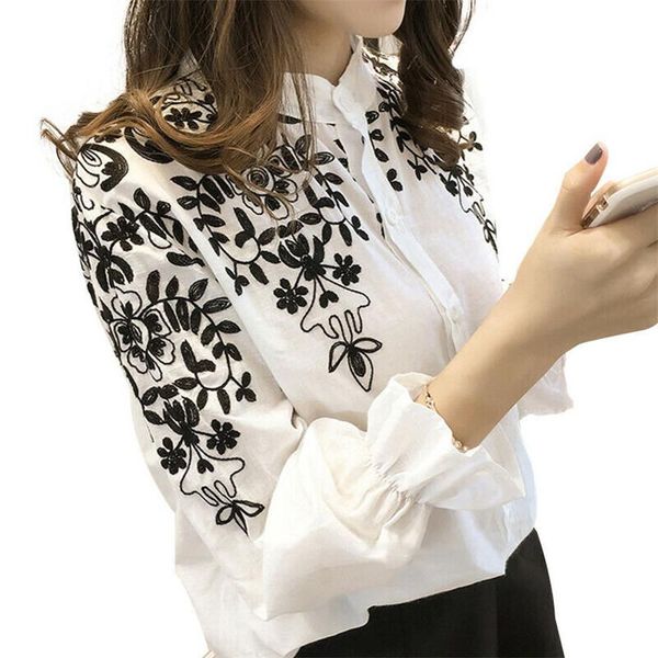 

women's blouses & shirts floral embroidered blouse shirt women 2021 fashion boho beach plus size 5xl white black long sleeve office sw