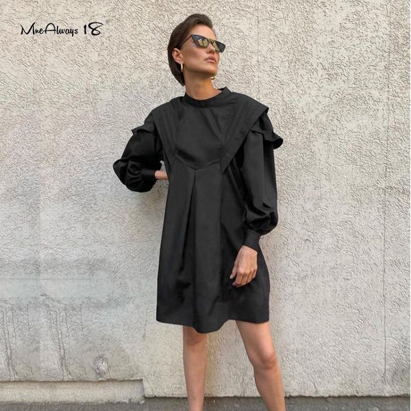 

casual dresses mnealways18 long sleeve autumn women dress elegant stand collar black ruffle loose a-line frill shoulder, Black;gray