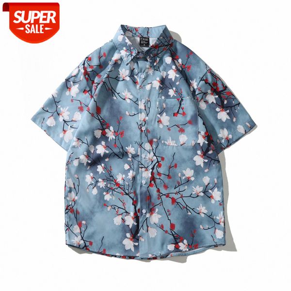 

japanese retro chinese style printed short-sleeved shirt male loose casual couple half-sleeved floral #vt81, White;black