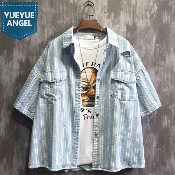 

men's casual shirts summer thin vintage hole striped denim shirt men short sleeve single breasted loose fit fashion mens cotton, White;black