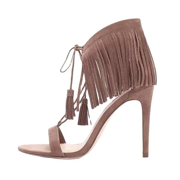 

sandals summer est fashion fringe open toe high heel lace up cover test shoes flock solid women normal size, Black