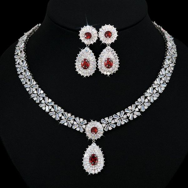 

Earrings & Necklace Stone Drop Pendant Two-piece Ear Clip Type No Pierced Jewelry Bridal Set, Silver