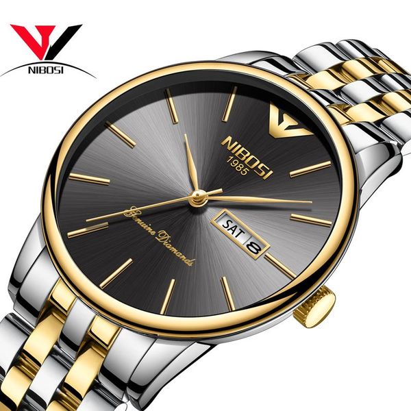 

wristwatches nibosi watch men fashion sport quartz clock waterproof steel band reloj hombre gold 2021 relogios, Slivery;brown