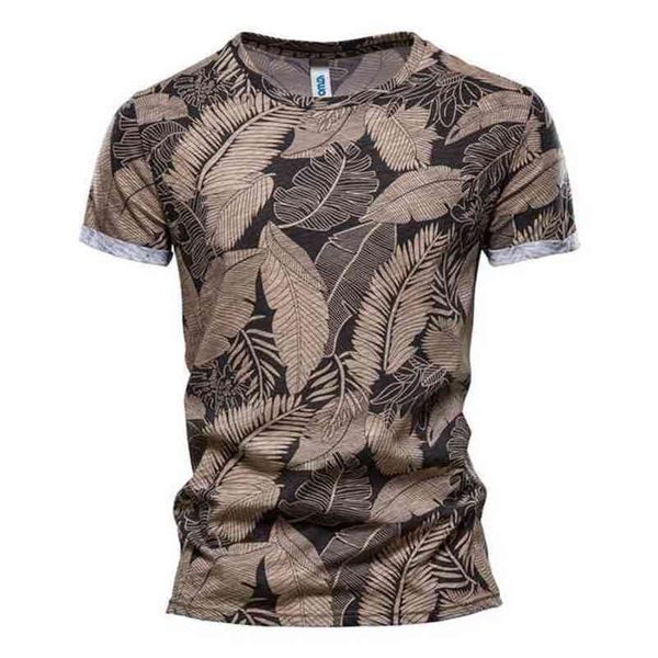 Aiopeson folha de verão impresso camisetas homens o-pescoço 100% algodão de mangas curtas t-shirt masculino tops masculino Tee 210716