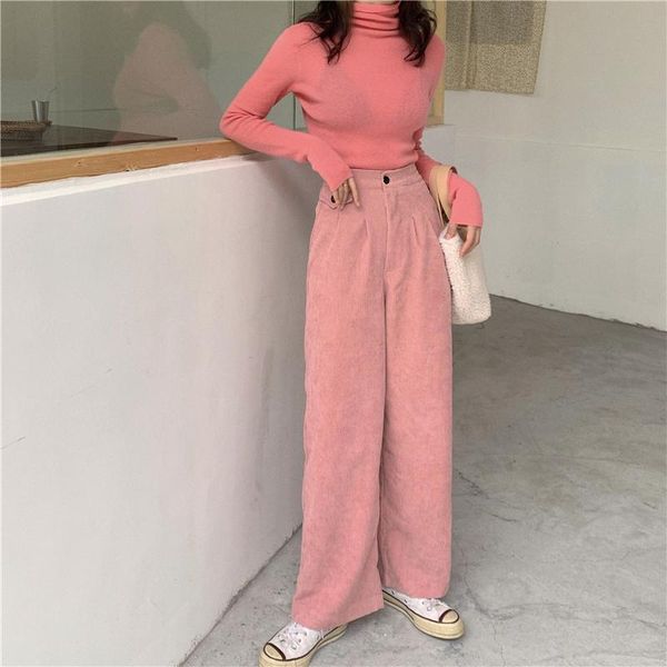 

women's pants & capris corduroy women 2021 straight wide leg high waist trousers office lady casual vintage, Black;white