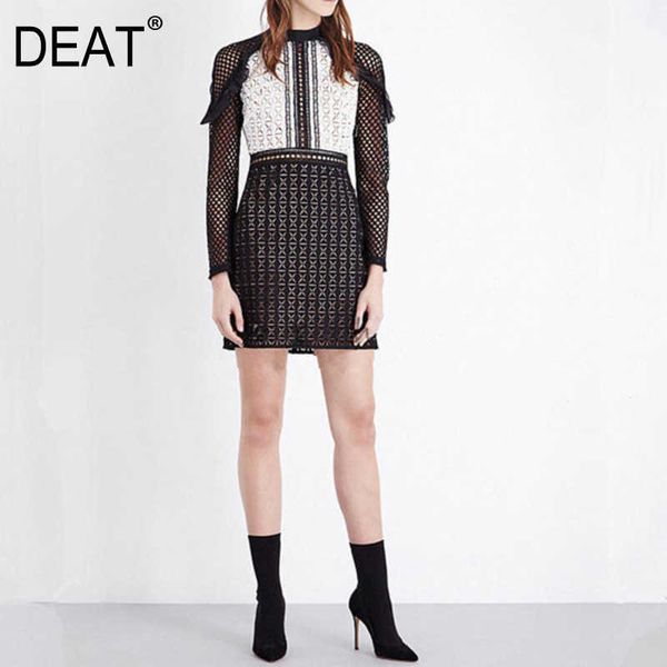 

[deat] women fashion summer round neck hollow out long sleeve splicing temperament dress 13d203 210527, Black;gray