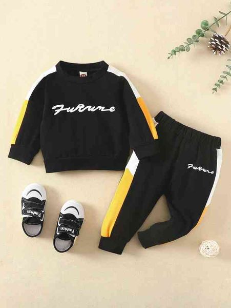 

baby letter graphic contrast side seam pullover & sweatpants she, White