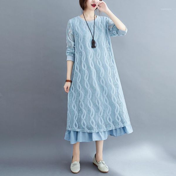 

casual dresses plus size women lace long dress 2021 autumn vintage solid color loose comfortable ladies elegant a-line, Black;gray