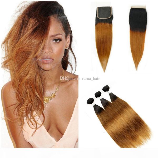 

brown blonde straight hair bundles with lace closure 4*4 full lace closure with virgin brazilian hair weaves ombre 1b 30 hair, Black;brown
