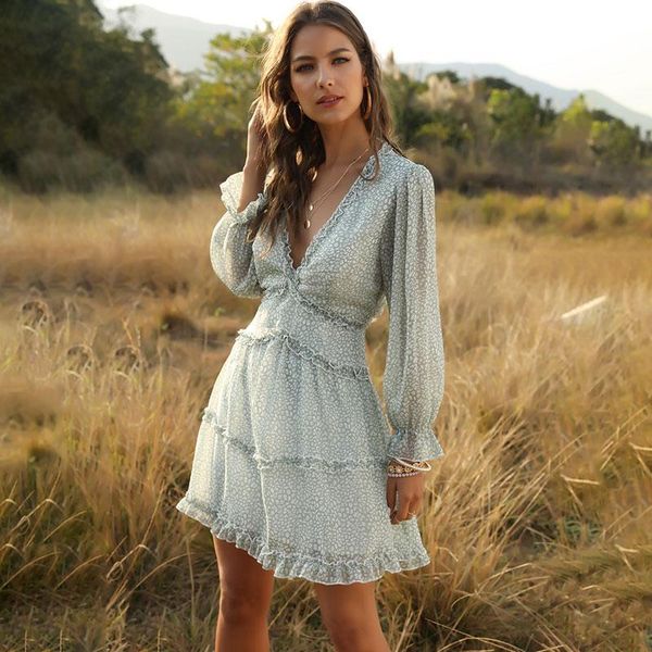 

casual dresses women open back short dress ruffles leopard leaf print deep v neck lantern sleeves high waist boho holiday beach, Black;gray