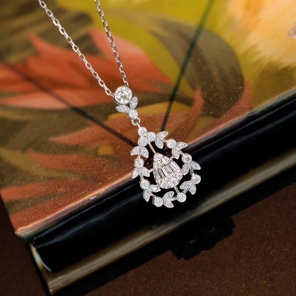 

charm flower 925 sterling silver lab diamond pendant engagement wedding pendant chain necalace for women bridal choker jewelry