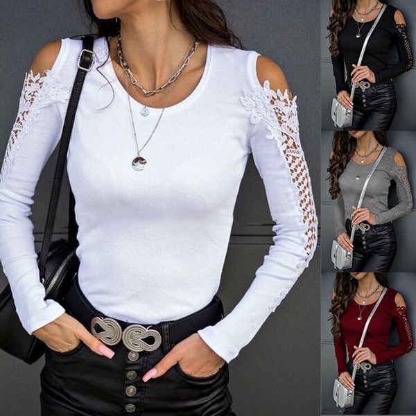 

2021 new casual floral lace cold shoulder black white o crew neck long sleeve plain t shirt women woman tshirts slim tee c223 mud9