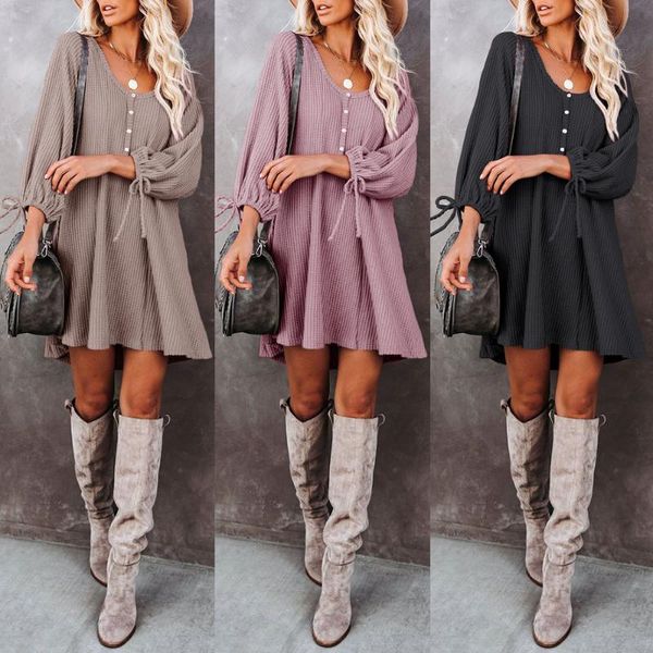 

casual dresses knitted button fall long sleeve dress lace up cuff lantern o neck solid mini for women office ladies clothing, Black;gray