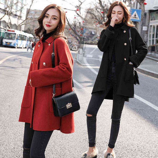 

autumn 2021 maple leaf red woolen coat women's loose, Black
