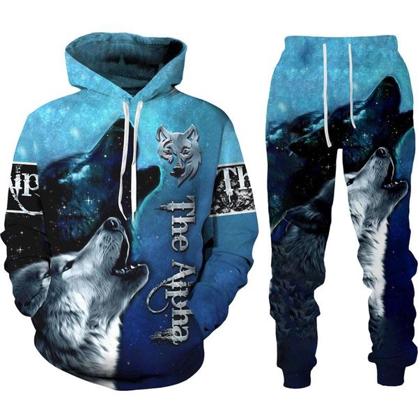 Abbigliamento da jogging Autunno Inverno 3D Animal War Wolf Stampato Maglione con cappuccio da uomo Set Abbigliamento sportivo maschile Tuta da uomo manica lunga