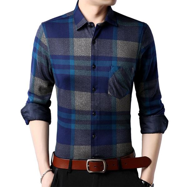 

pocket plaid checkered slim cotton shirt warm long sleeve plush thickened winter casual camisa masculina, White;black