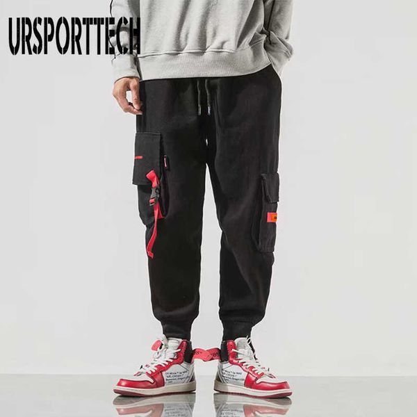 

hip hop cargo pants joggers men black harem pants multi-pocket ribbons man sweatpants streetwear elastic waist casual pants male 210528