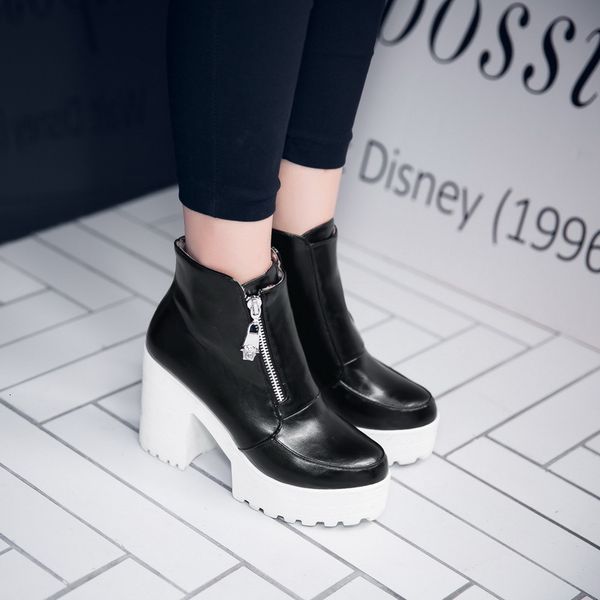 

waterproof thick heels with metal zipper, ultra high hollow in the heat of winter, lady ankle boots platform shoes 92xt, Black