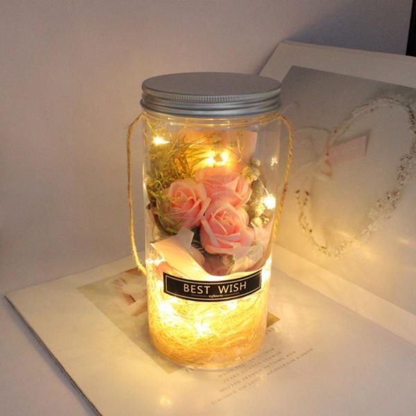 

decorative flowers & wreaths 2021 soap rose flower bouquet led light string in glass bottle with hanging rope for valentine's wedding a