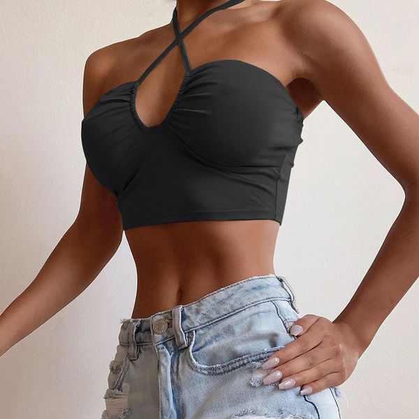 

cut-out backless tip up halter crop for women fashion sleeveless strapless tank slim short vest, White