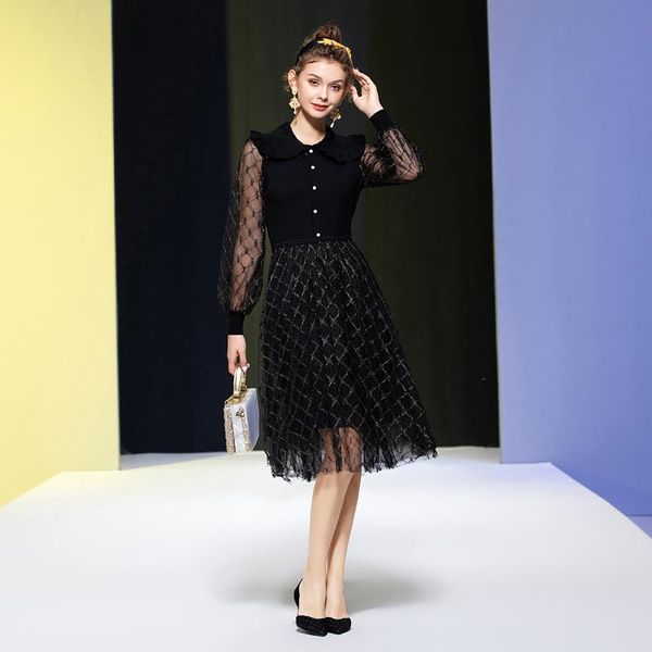 

casual dresses runway spring knitted stretch stitching net yarn long sleeve fashion party black elegant chic midi dress, Black;gray