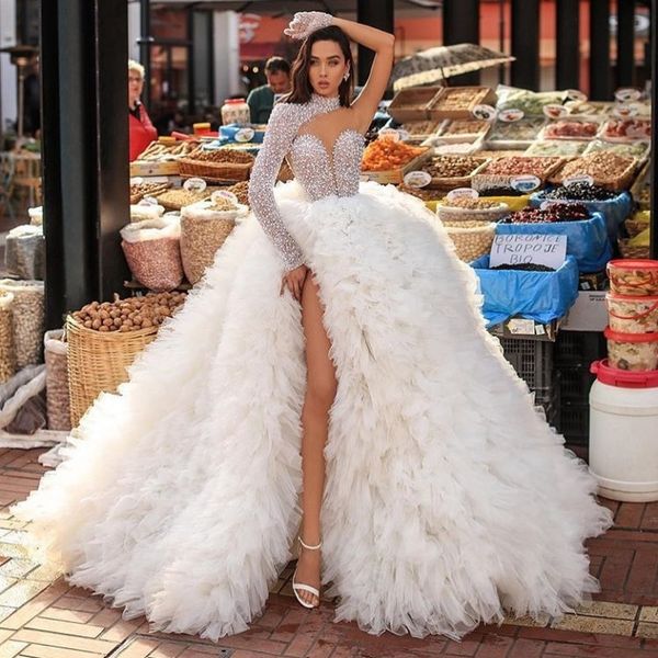 Lindo pescoço alto grande vestido de noiva vestido de noiva um ombro lado fenda de tiered ruffles poffy fundo drapeado vestidos de noiva