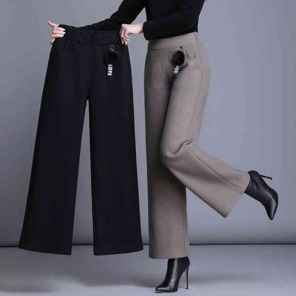 

women autumn winter high elastic waist wool pants elegant wide leg workwear trousers female casual straight pants g928, Black;white