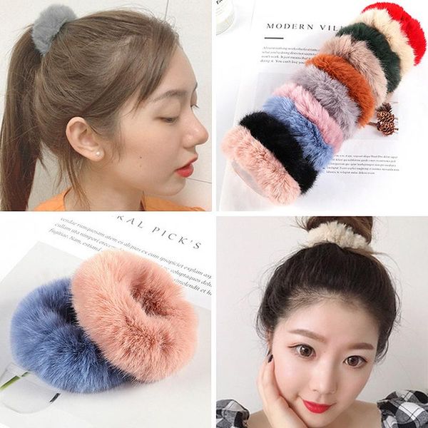 

hair accessories girl elastic band plush rubber simple solid color soft, Slivery;white