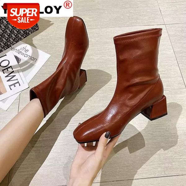 

leather boots square high heel ankle boots for women round toe solid black women shoes ankle shoes woman winter #5m3o