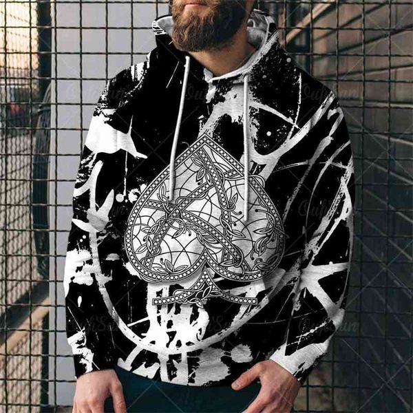 

poker pattern 3d printed men's sweatshirt fashion spring and autumn round neck loose hoodie men oversized hoodies clothing, Black