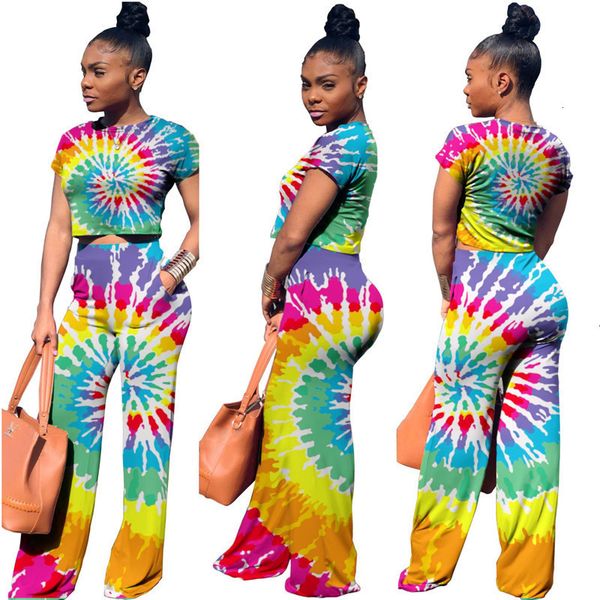 

fashion women's tracksuit two piece outfits painting tie-dye short sleeve sweatshirt and wide leg pants set casual clothes y19062601, White