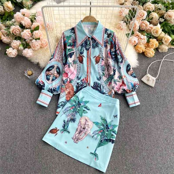 

spring lapel bubble sleeve shirt high waist slim skirt with elastic vintage print two piece set mz132 210525, White