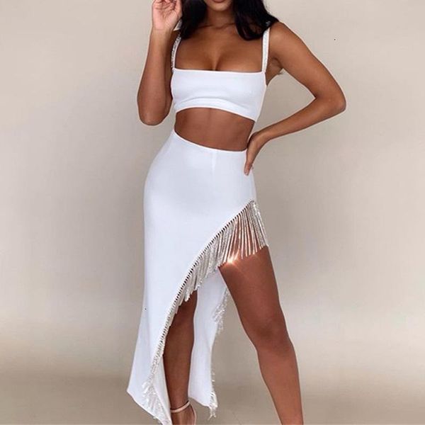 

two piece dress adogirl crystal tassel set solid white diamonds spaghetti straps crop maxi asymmetrical skirt fashion