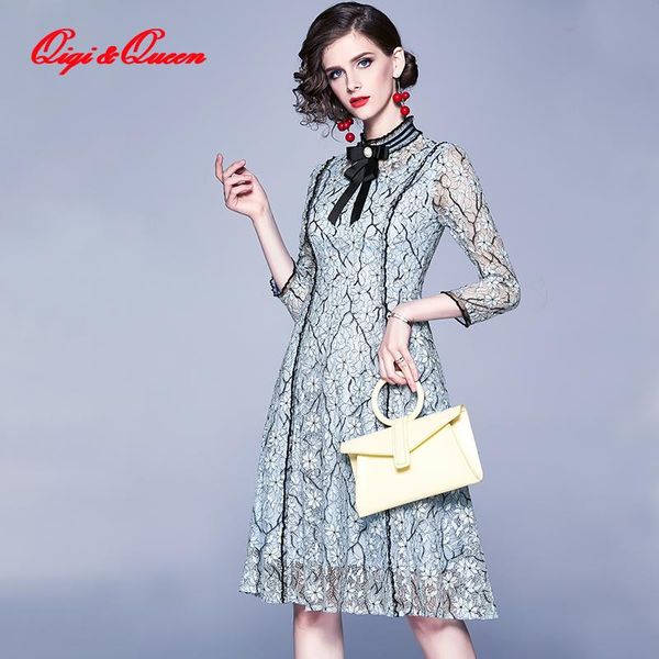 

casual dresses qiqi&queen patchwork hollow out women's fashion slim vestido european long sleeve bow office party lace dress, Black;gray