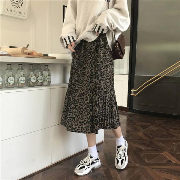 

skirts poungdudu 2021 women y2k leopard pleated skirt thicken vintage female hig-waist elastic all match office lady haraju, Black