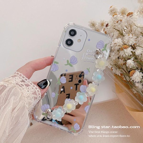 

cell phone pouches fashion flower beading chain mirror case for 12 11 7 8 plus x xr xs max se2 back cover soft tpu proof