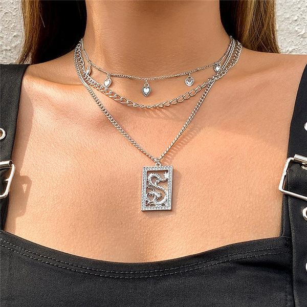 

chokers vintage hollow dragon tag necklace fashion rhinestone tassel heart choker set for women hip hop clavicle chain jewelry, Golden;silver