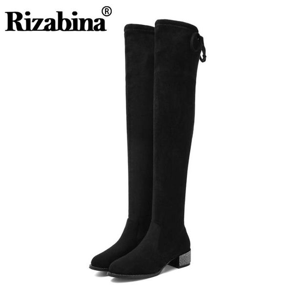 

boots rizabina women thigh high winter keep warm stretch shoes lace up casual crystal square heels footwear size 34-43, Black