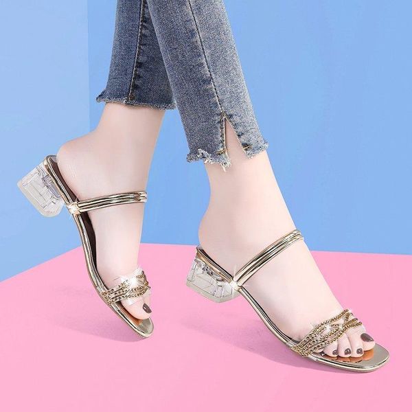 

slippers women 2021 summer shoes woman sandals crystal transparent beach silver wedding ladies clear heel 9217n, Black