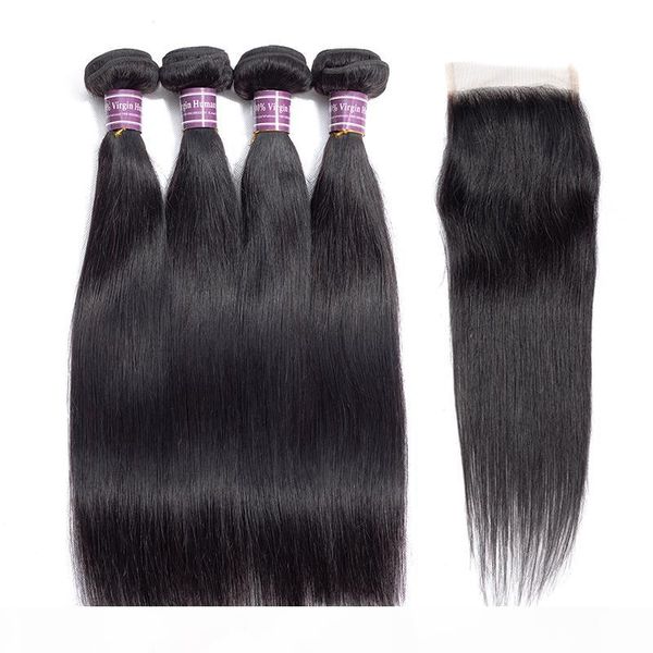 

brazilian virgin straight hair bundles with closures unprocessed brazilian peruvian human hair bundles with frontal remy human hair weave, Black