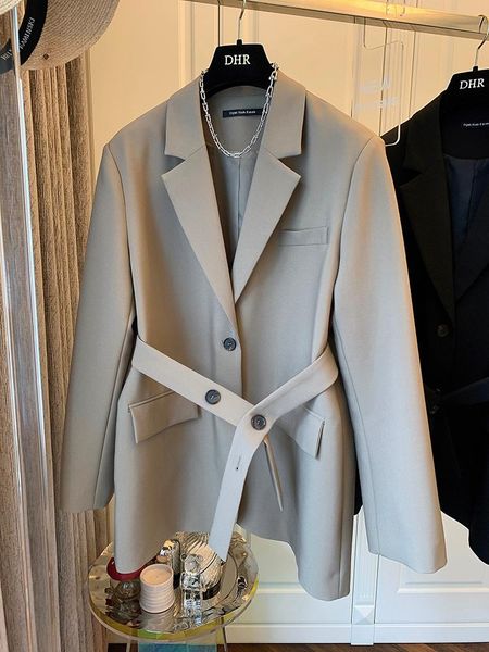 

women's suits & blazers superaen belt solid notched blazer female retro loose casual office lady full autumn coats women, White;black