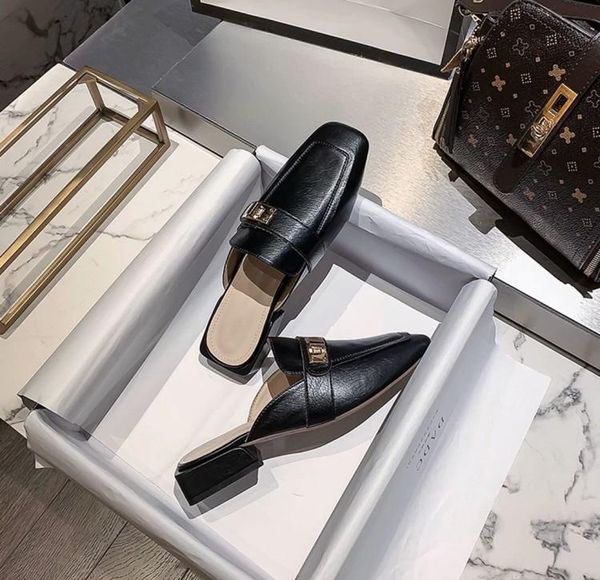 

slippers 2021 style summer flat sole half slipper thick heel women's shoes fashion leisure retro sandals, Black