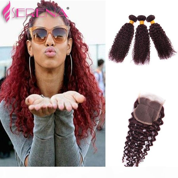 

peruvian curly hair 3bundles curly weave human hair extensions products peruvian curly virgin hair 99j burgundy deep wave with closure, Black;brown