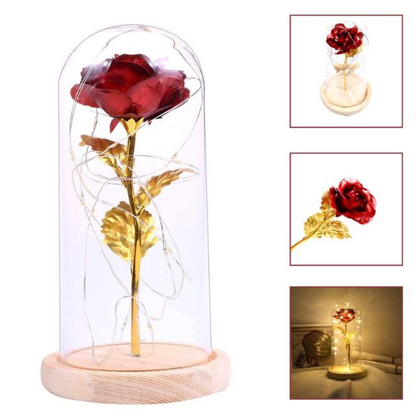 

party decoration eternal rose flower in glass dome gold leaf led string light valentine's day gift