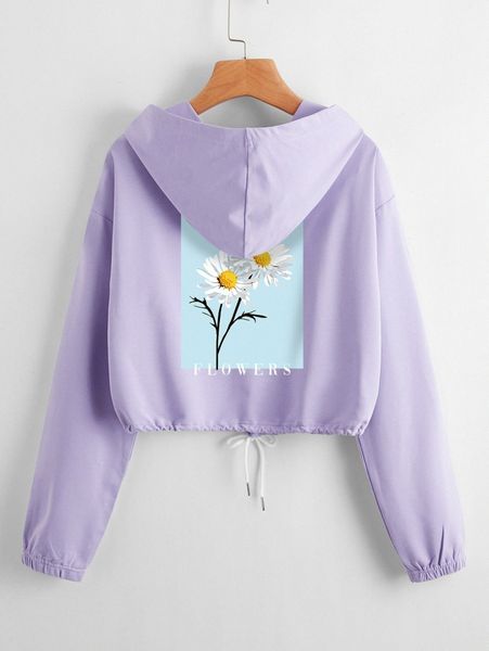 

floral and letter graphic drawstring crop hoodie i8te#, White;black